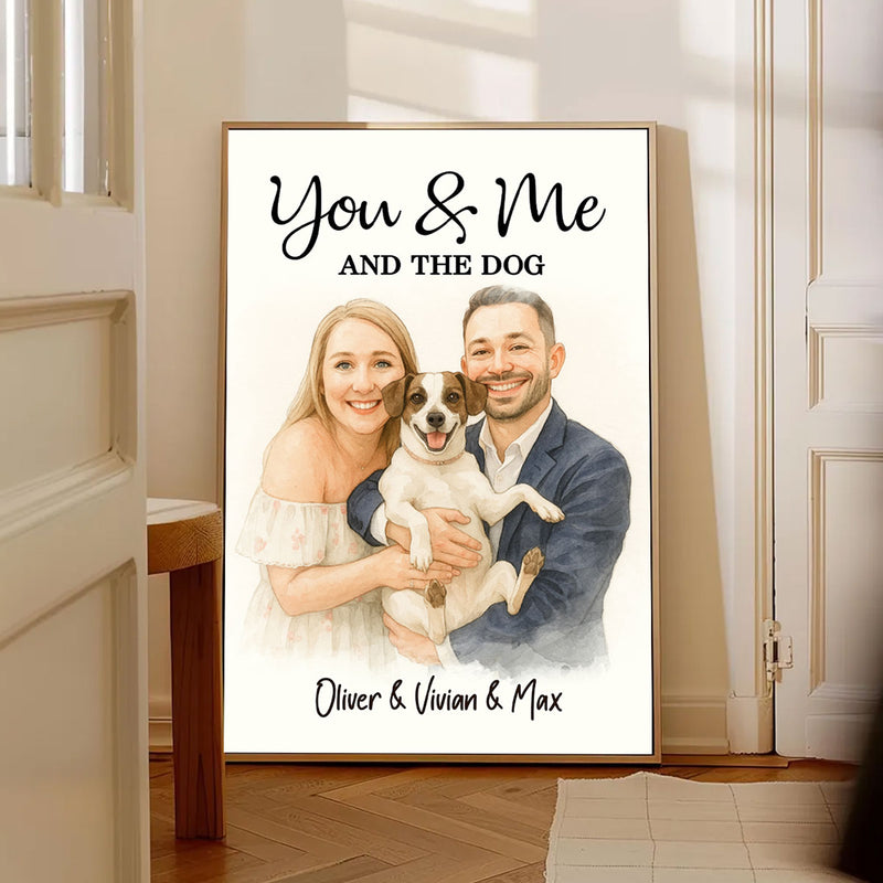 You & Me and the Dogs Couple Personalized Poster, Watercolor Portrait from Photo, Gift for Dog Cat Lovers