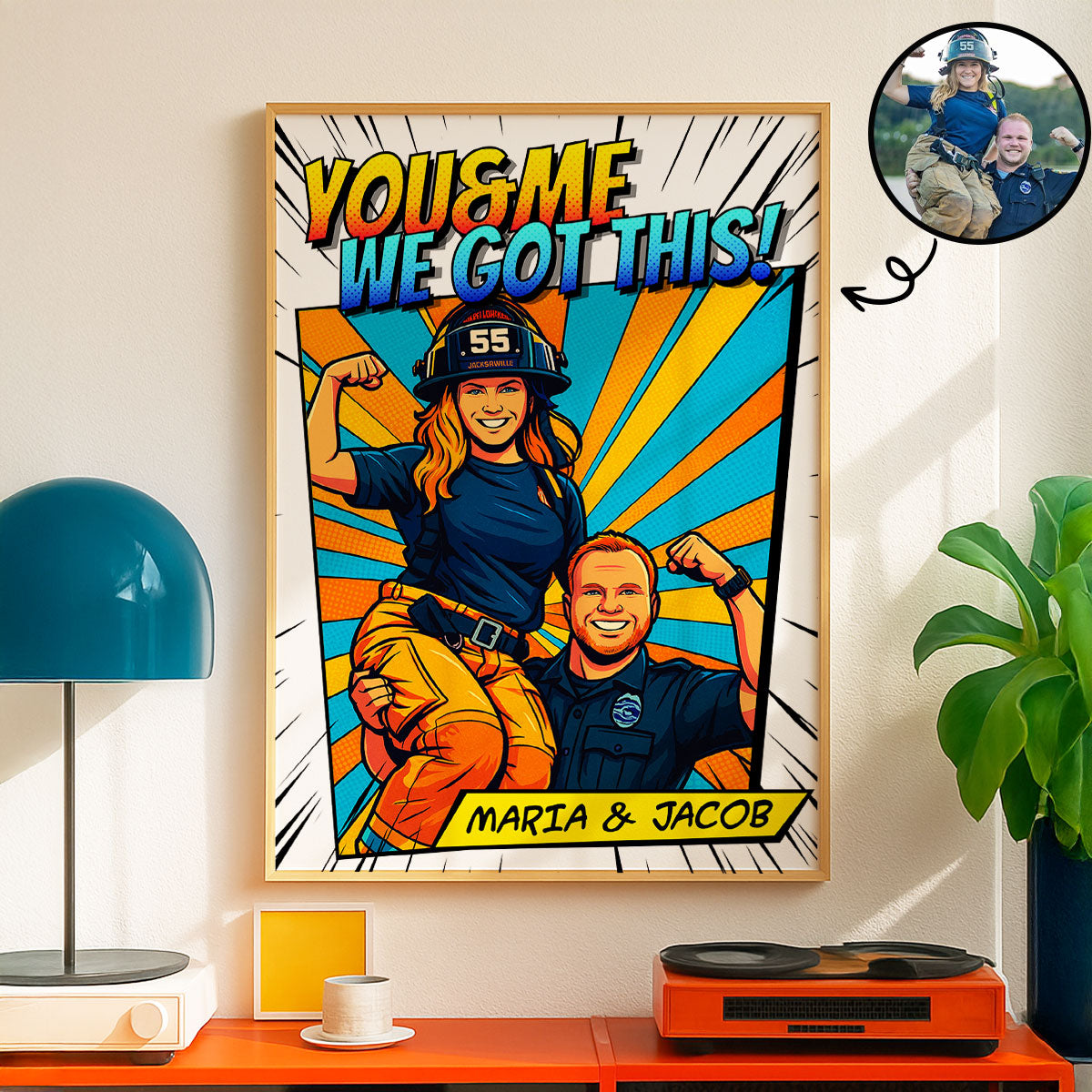 Hero Couple Comic Pop Art from Photo Personalized Poster, Gift for Occupation Firefighter, Nurse, Police Officer