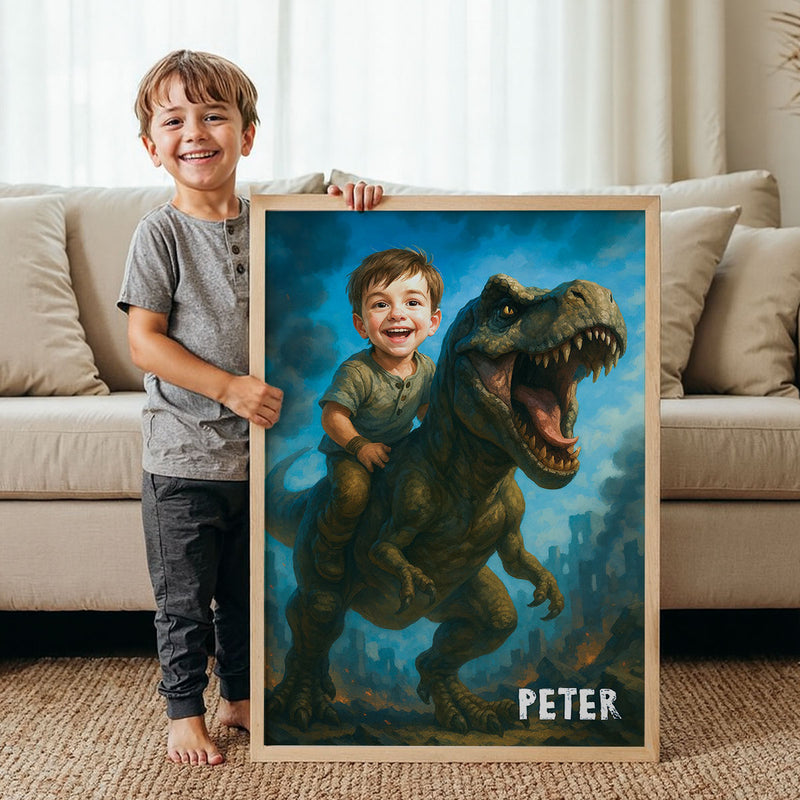 Personalized Child Riding T-Rex Jurassic Dinosaur Art, Custom Portrait From Photo Personalized Poster, Dinosaur Birthday Party, Christmas Gifts for Kids and Grandkids