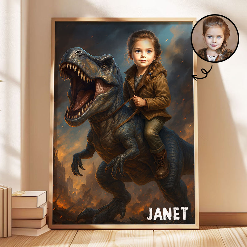 Personalized Child Riding T-Rex Jurassic Dinosaur Art, Custom Portrait From Photo Personalized Poster, Dinosaur Birthday Party, Christmas Gifts for Kids and Grandkids
