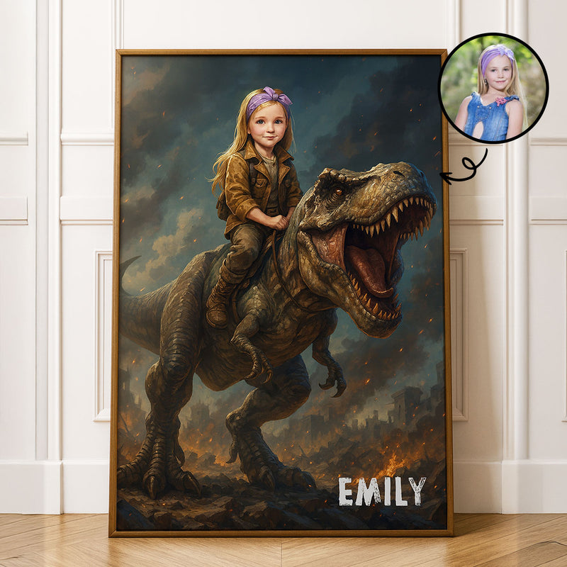 Personalized Child Riding T-Rex Jurassic Dinosaur Art, Custom Portrait From Photo Personalized Poster, Dinosaur Birthday Party, Christmas Gifts for Kids and Grandkids