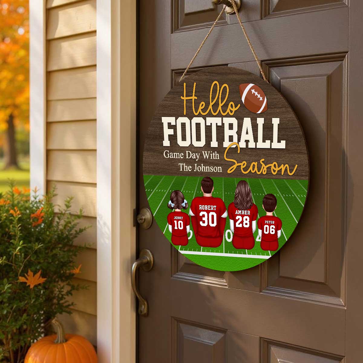 Hello Football Season Personalized Round Door Hanger, Family Fall Decor