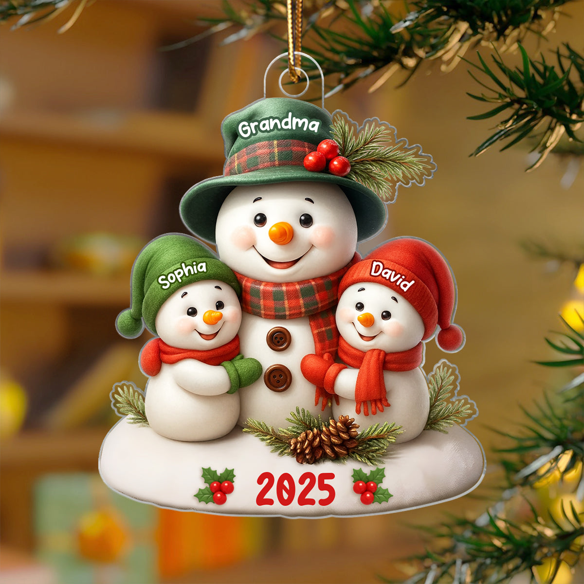 Snowman Grandma Hugging Grandkids Personalized Acrylic Ornament, Christmas Gift for Grandma, Grandkids