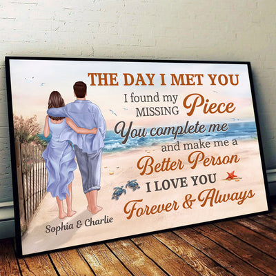 Back View Couple Walking On The Beach Path The Day I Met You Personalized Horizontal Poster