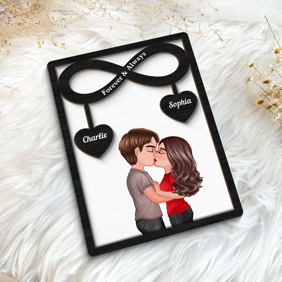 Couple Kissing Infinity Hearts Hanging Personalized 2-layer Wooden Plaque,  Gift For Him, For Her
