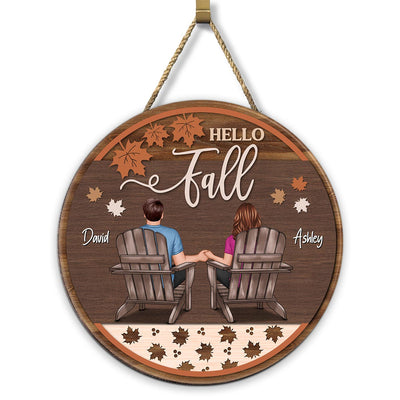 Hello Fall Couple Sitting Personalized Wood Sign, Fall Season Decor, Gift For Him Her