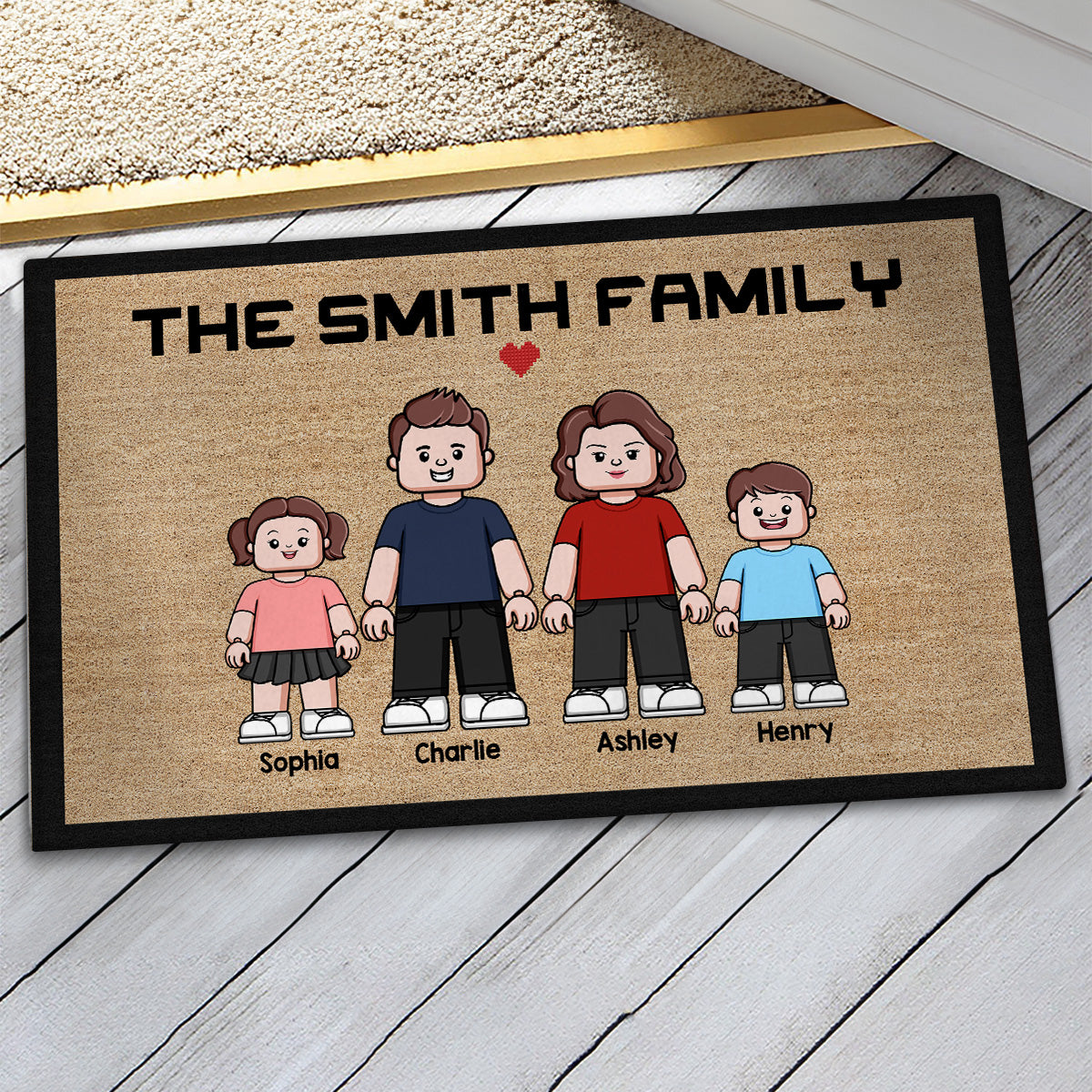 Family Dad Mom Kids Block Characters Personalized Doormat