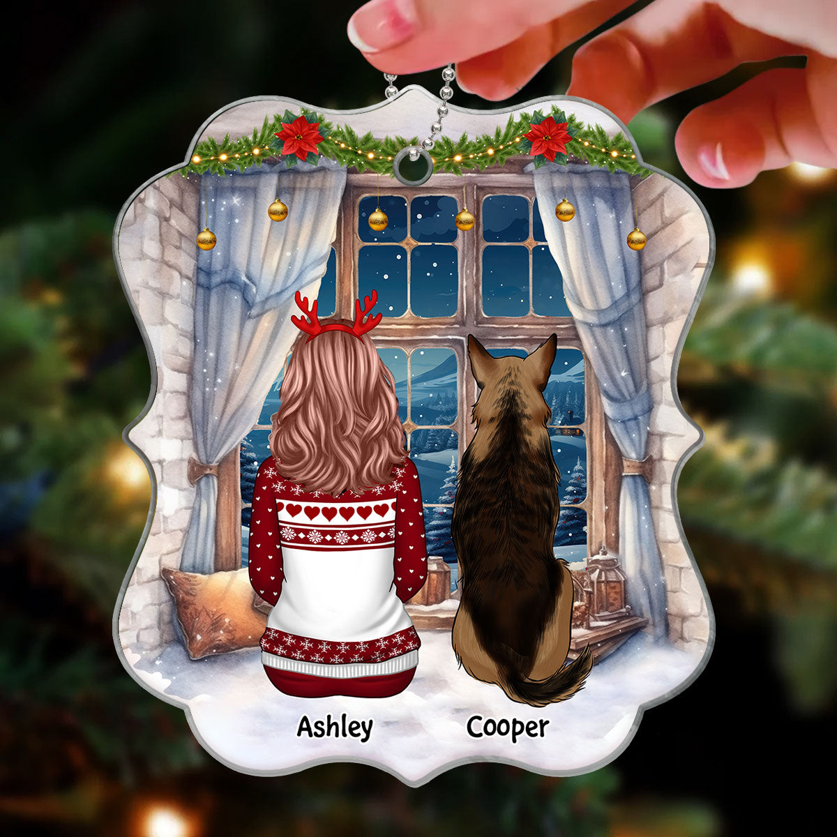 Girl & Dog Cat Sitting At Christmas Window Personalized Acrylic Ornament