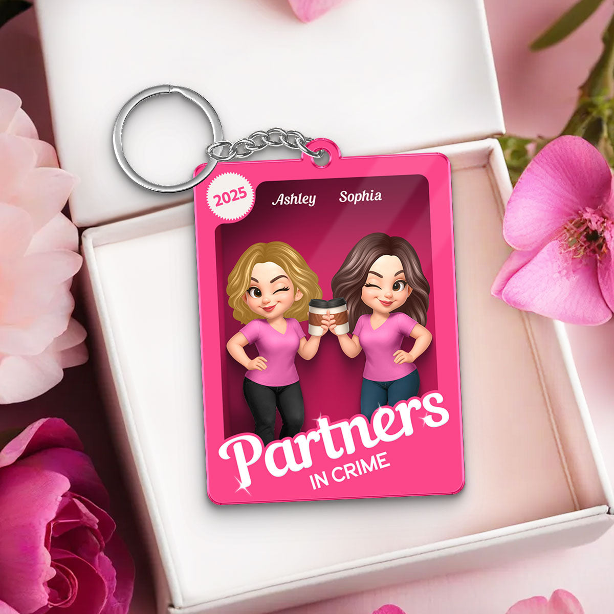 Besties Sisters 3D Effect Pink Toy Box Personalized Acrylic Keychain, Gift for Besties, Best Friends
