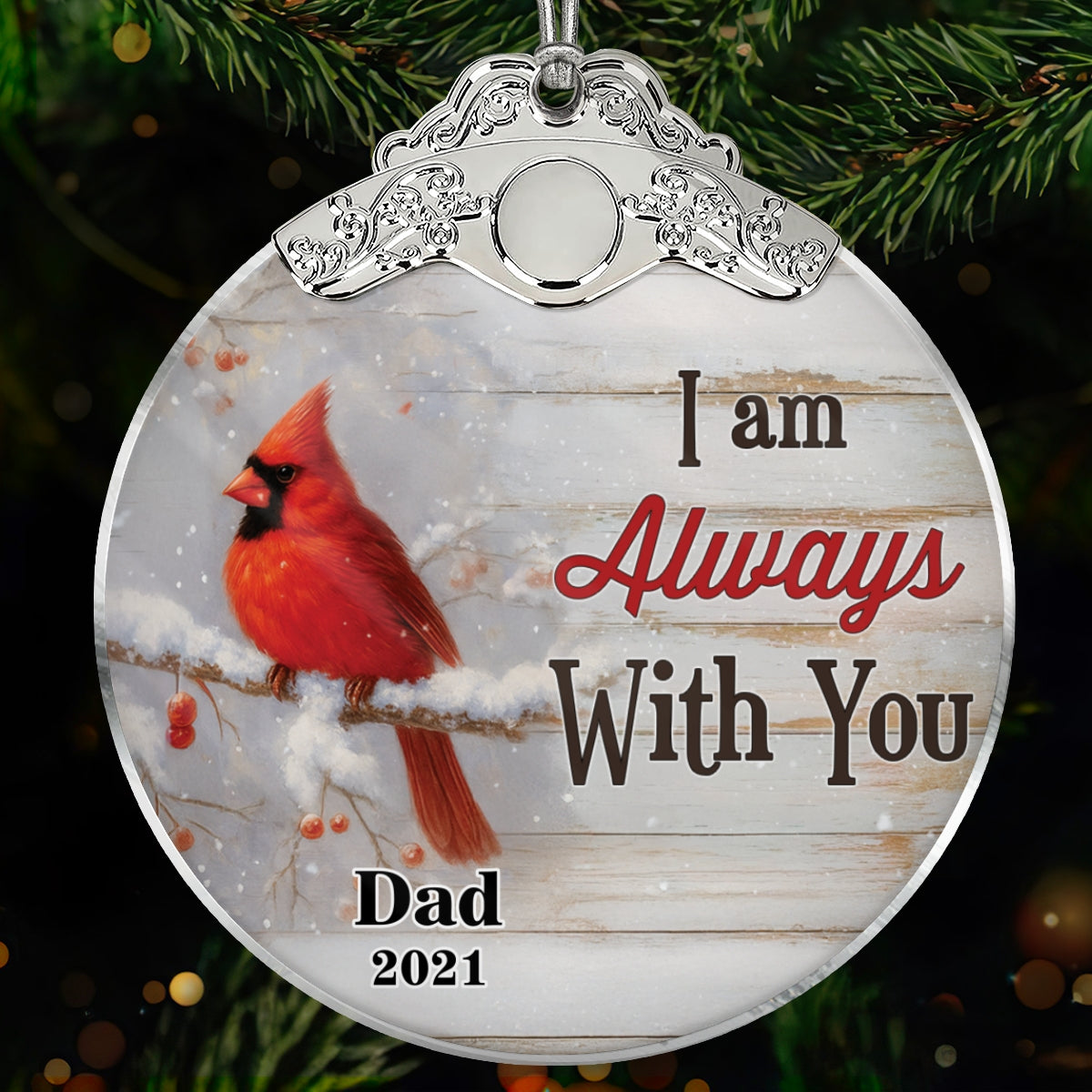 We're Always With You Cardinals In Snow - Personalized Glass Ornament With Silver Cap - Christmas Memorial Keepsake For Family
