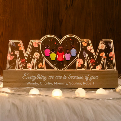 Mom Everything I Am Is Because Of You - Personalized Acrylic Block Plaque LED Night Light - Gift for Mom, Gift for Grandma, Gift for Wife
