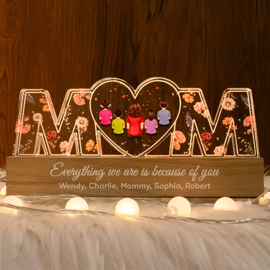 Mom Everything I Am Is Because Of You - Personalized Acrylic Block Plaque LED Night Light - Gift for Mom, Gift for Grandma, Gift for Wife