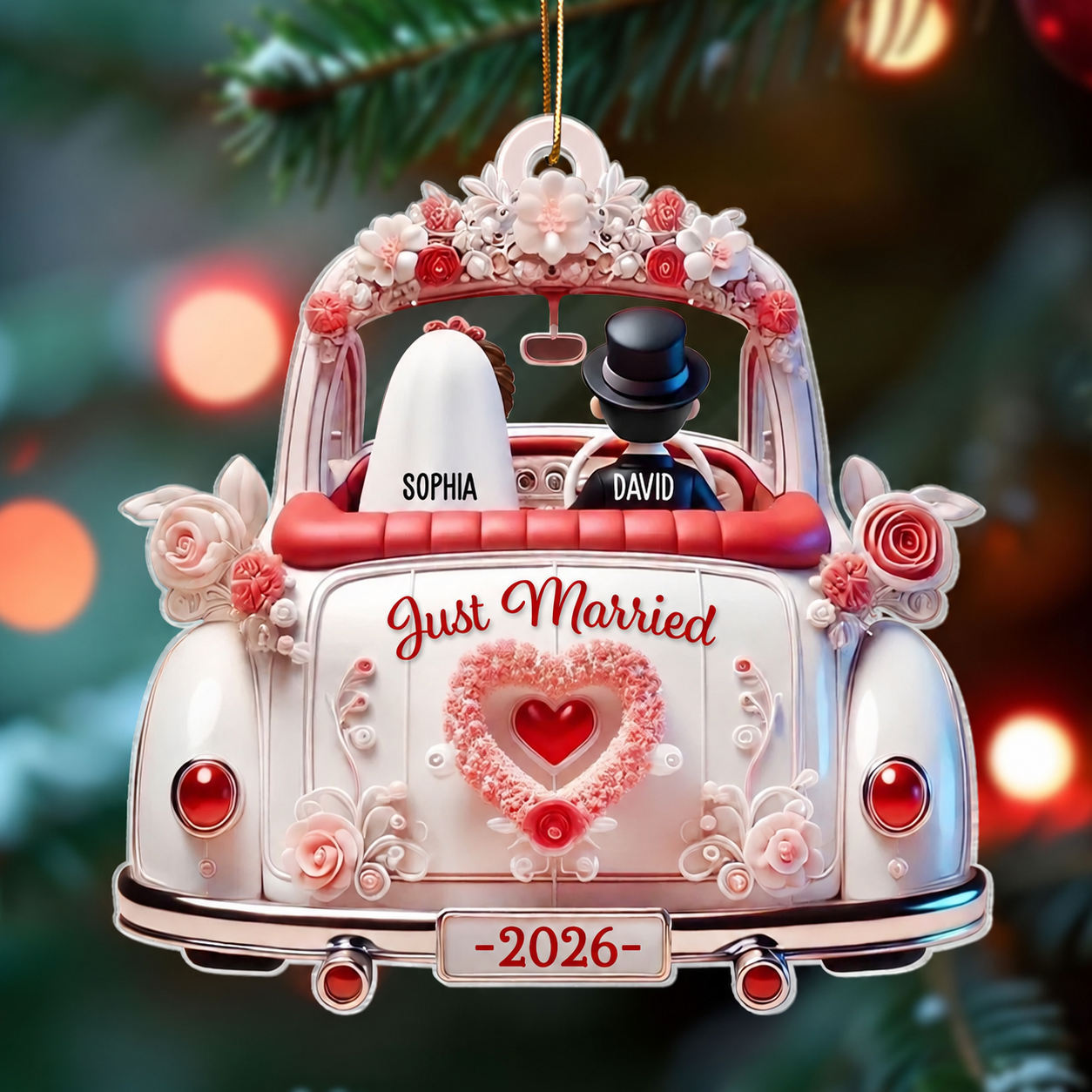 First Christmas Married Couple In Wedding Car Personalized Acrylic Ornament, Unique Christmas Gift For Newlyweds