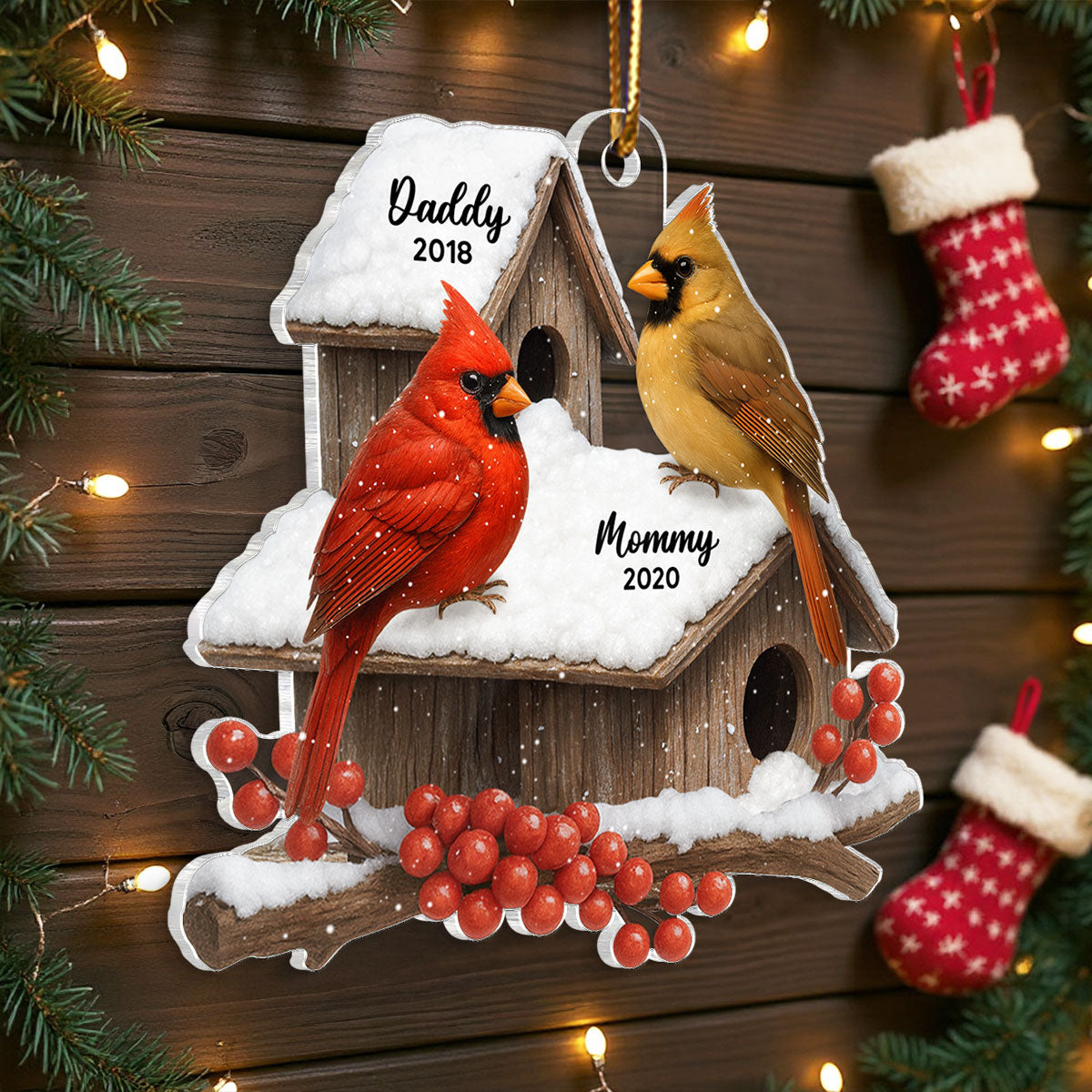 3D Effect Cardinals Bird House Personalized Acrylic Ornament, Heartwarming Memorial Sympathy Gift