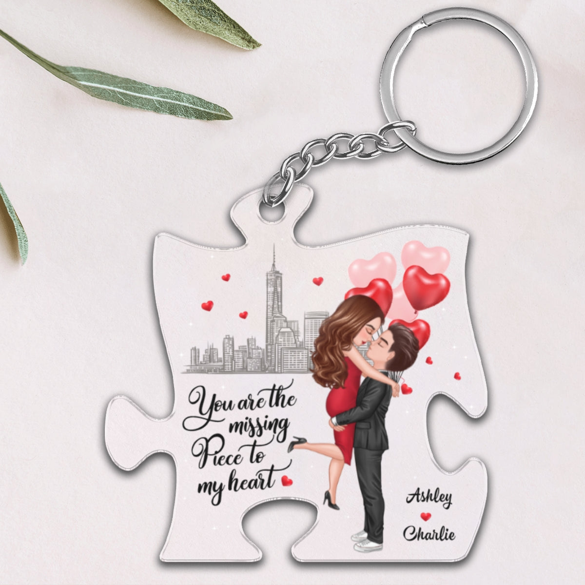 The Missing Piece To My Heart Couple Hugging Kissing Personalized Puzzle Acrylic Keychain