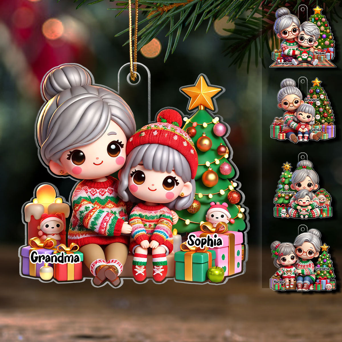 Cute Grandma Grandkid Christmas Tree And Gifts Personalized Acrylic Ornament