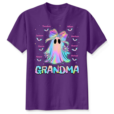 Halloween Preppy Style Iridescent Boo Kids Names Grandma Heart Personalized Shirt