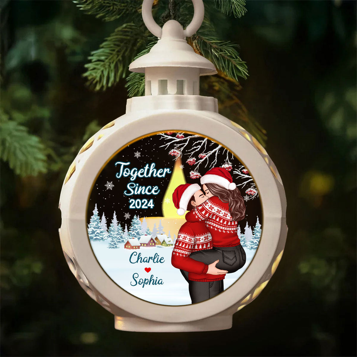 Couple Hugging Kissing Personalized Lantern Ornament, Christmas Gift For Him, For Her