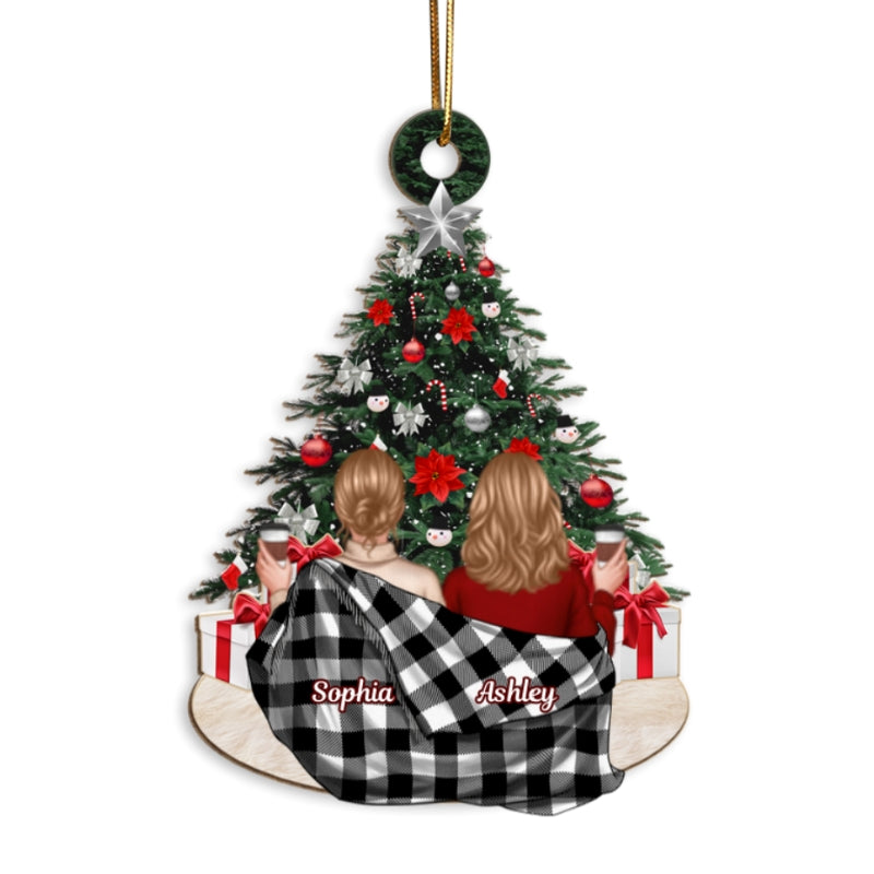 Besties Sisters Sitting In Blanket Christmas Tree Personalized Wooden Ornament