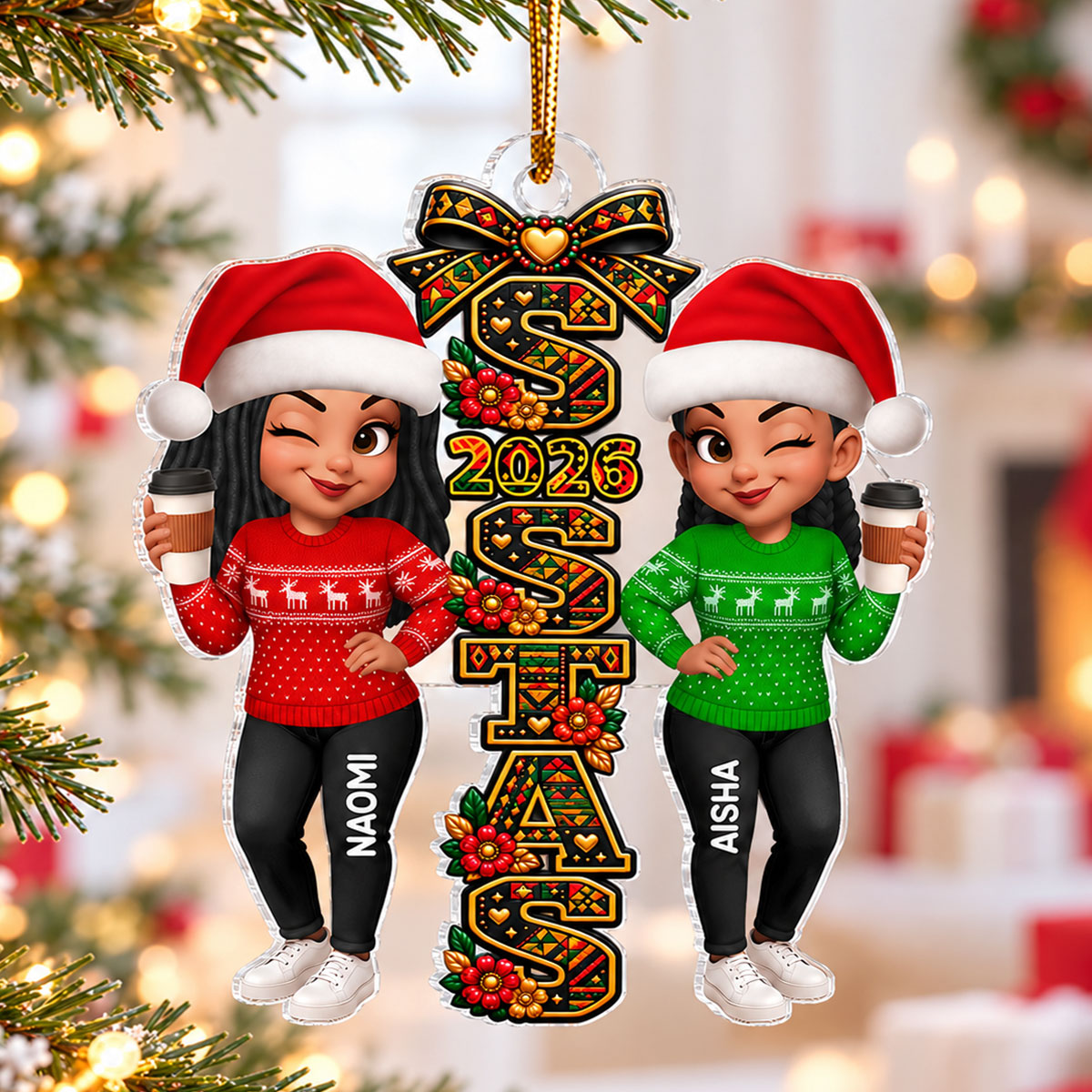 Tribal Patterned Besties Sisters Sistas Forever - Personalized Acrylic Ornament - Christmas Gift, Friendship Gift For Best Friends