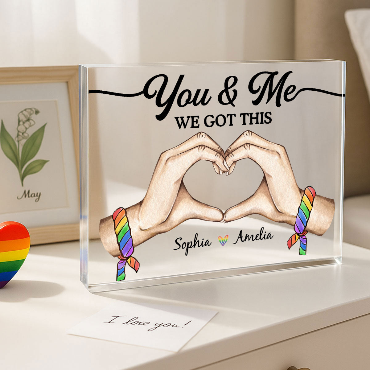 Pride Month LGBT Couple Heart Hands Personalized Rectangle Acrylic Block Plaque, Gift For Couple