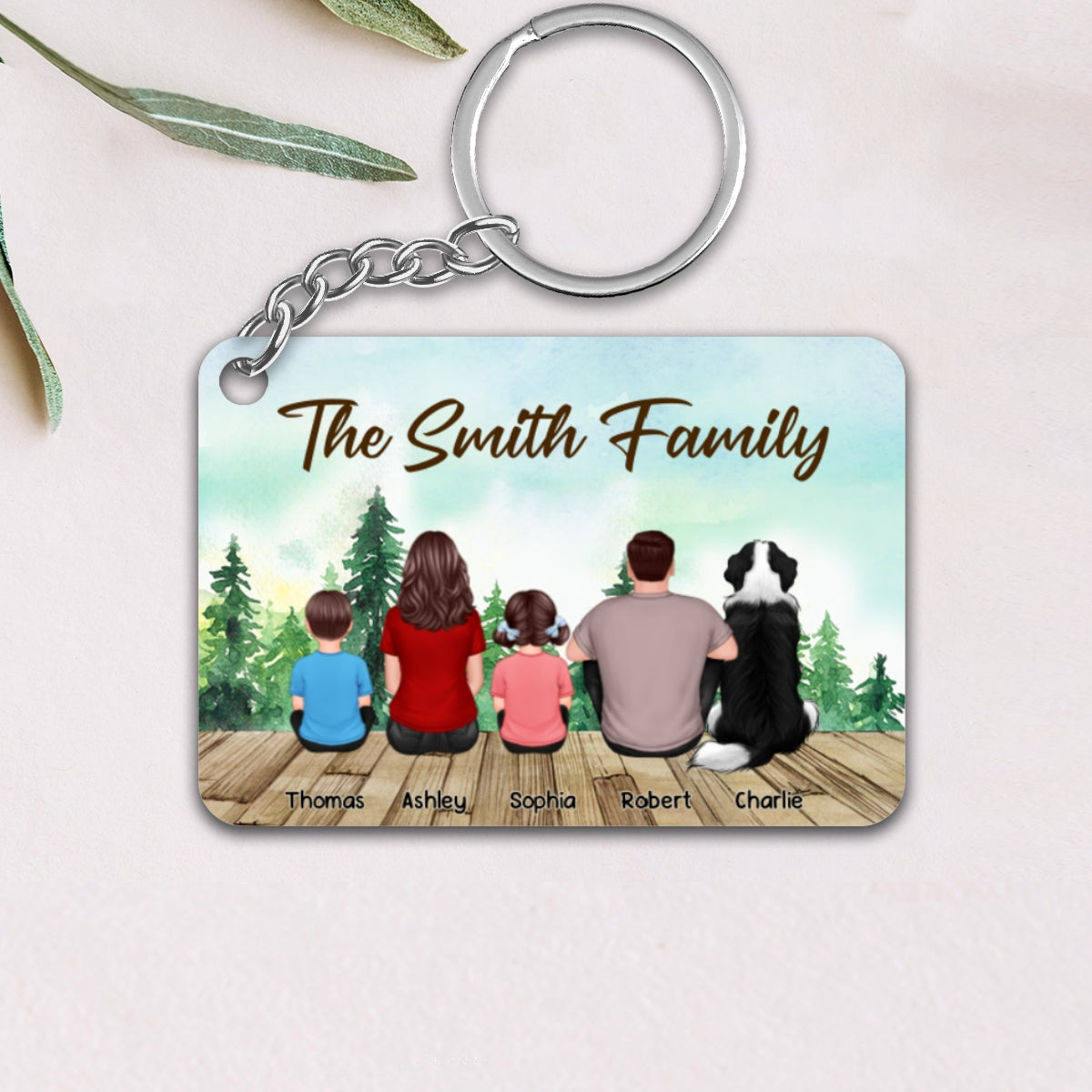 Whole Back View Family Couple Dad Mom Kids Dogs Cats Sitting Forest Personalized Acrylic Keychain