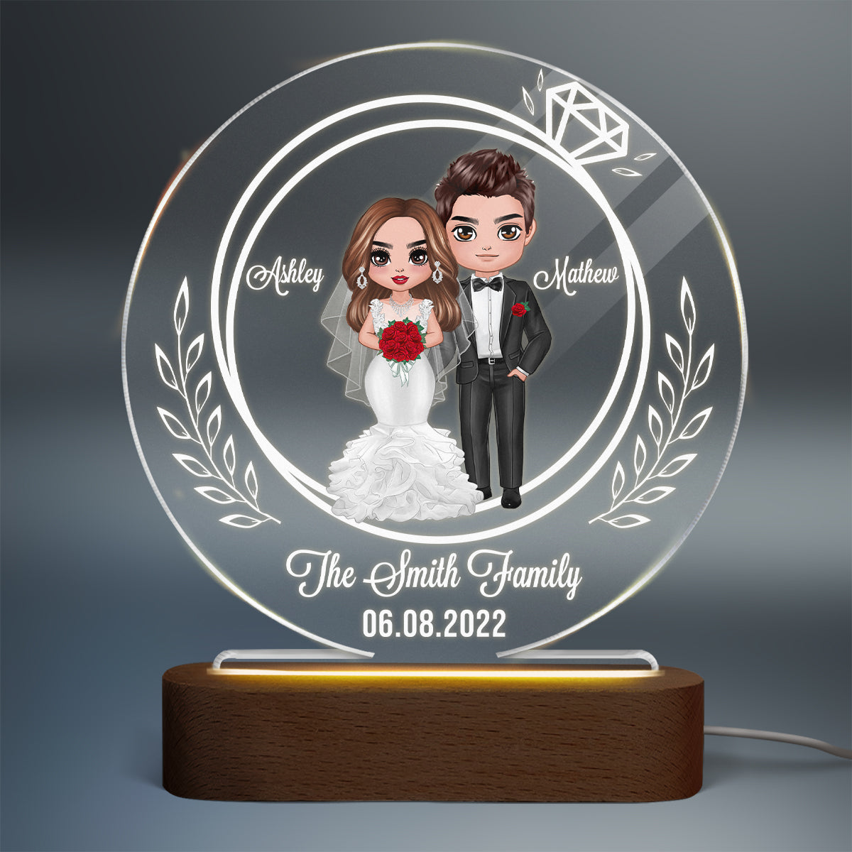 Groom Bride Couple Ring Personalized Circle Plaque LED Night Light - Wedding Anniversary Gift