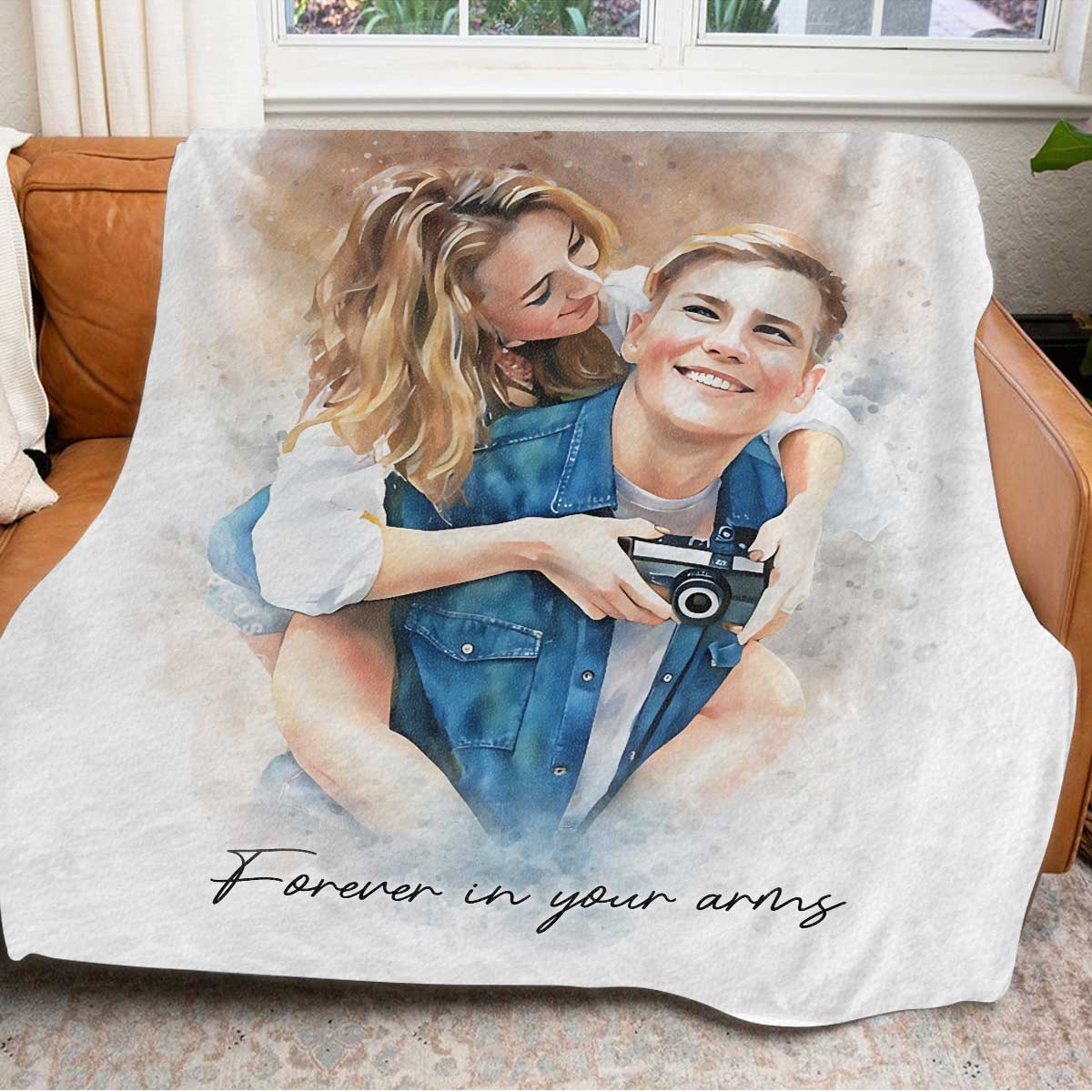 Watercolor Couple Portrait from Photo, Custom Wedding Anniversary Christmas Gift for Wife Husband Parents, Personalized Fleece Blanket