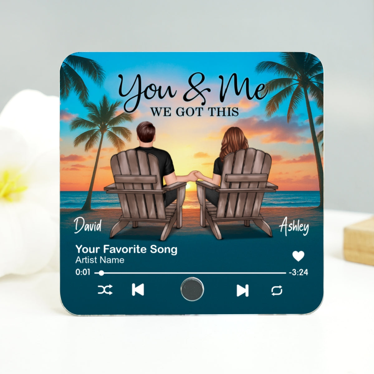 Couple Beach Sunset Under Tree Palm Personalized Music Fridge Magnet, Anniversary gift for him, for her