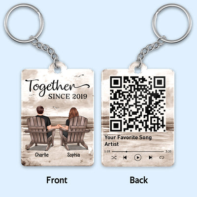 Retro Vintage Back View Couple Sitting Beach Landscape Favorite Song Scannable QR Code Personalized Acrylic Keychain