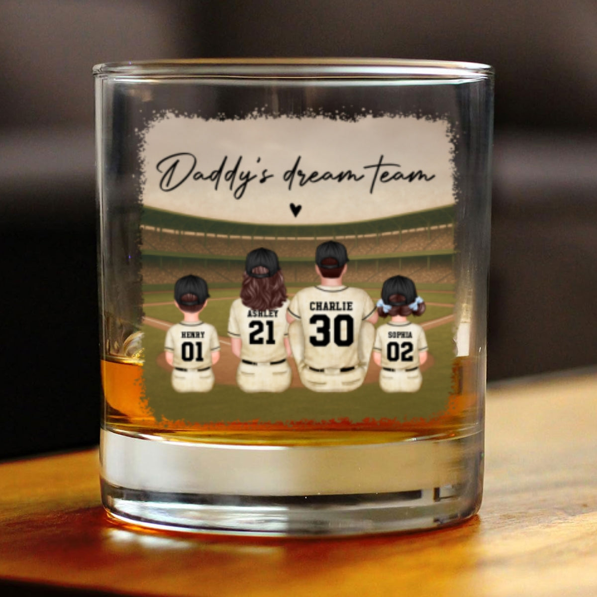 Retro Vintage Baseball Daddy's Dream Team Personalized Wine Glass, Whiskey Glass, Gift For Dad