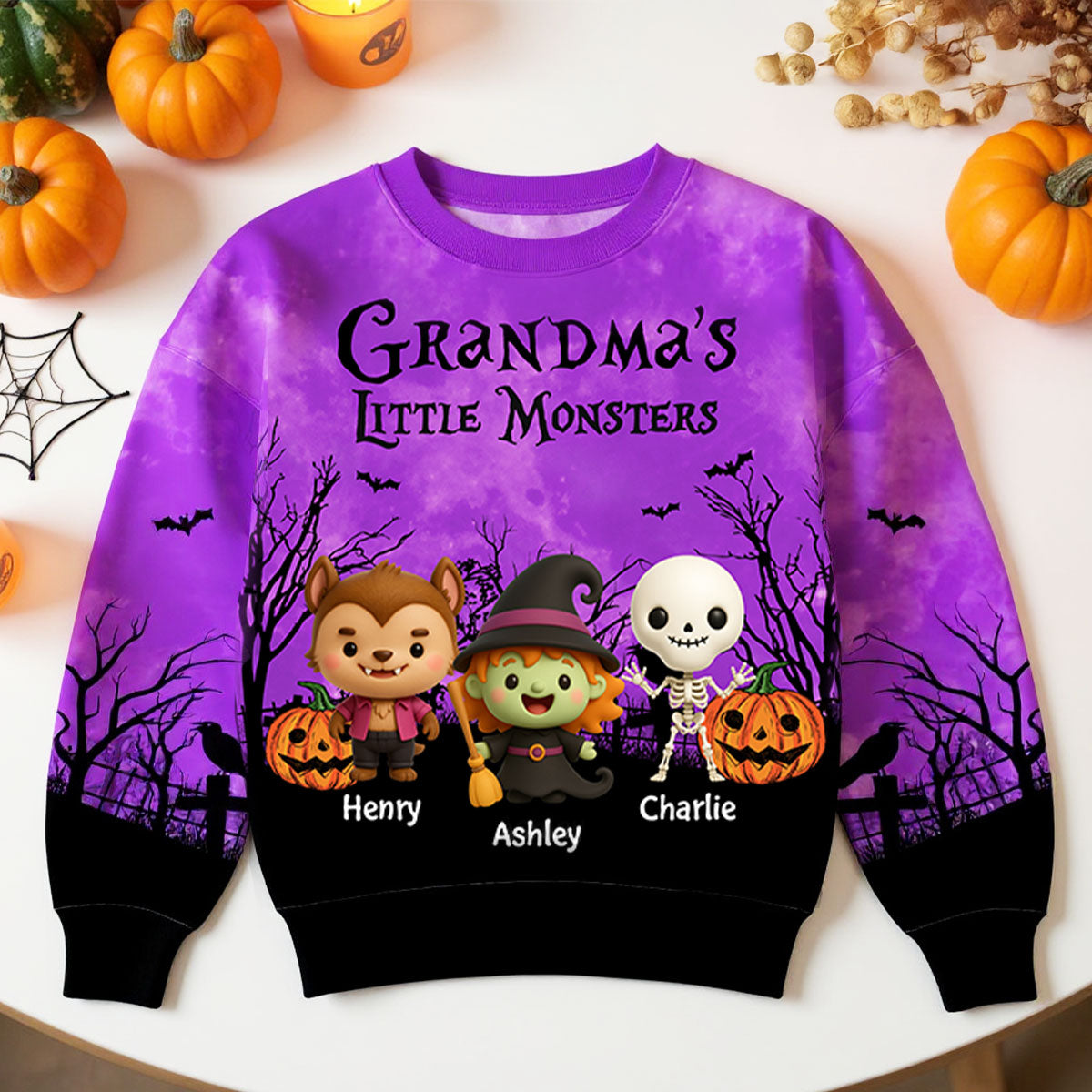 Grandma Mom Little Monsters Halloween Moon Light Bat Tree Personalized 3D Sweat Shirt, Purrfect Costume for Grandma