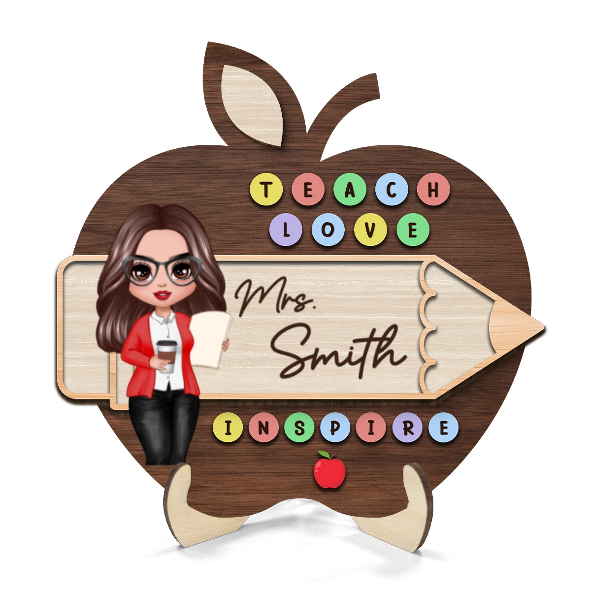 Teach Love Inspire Personalized 2-Layer Wooden Plaque, Back To School Gift For Teacher, Office Decor