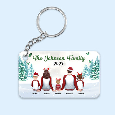 Family Sitting In Snow Christmas Personalized Acrylic Keychain