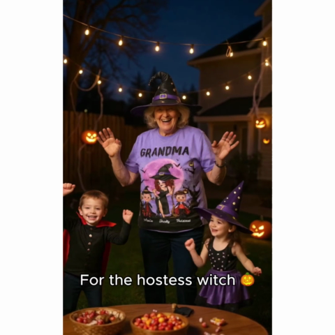 Pretty Grandma Witch & Kids Moon Bat Tree - Personalized 3D Shirt