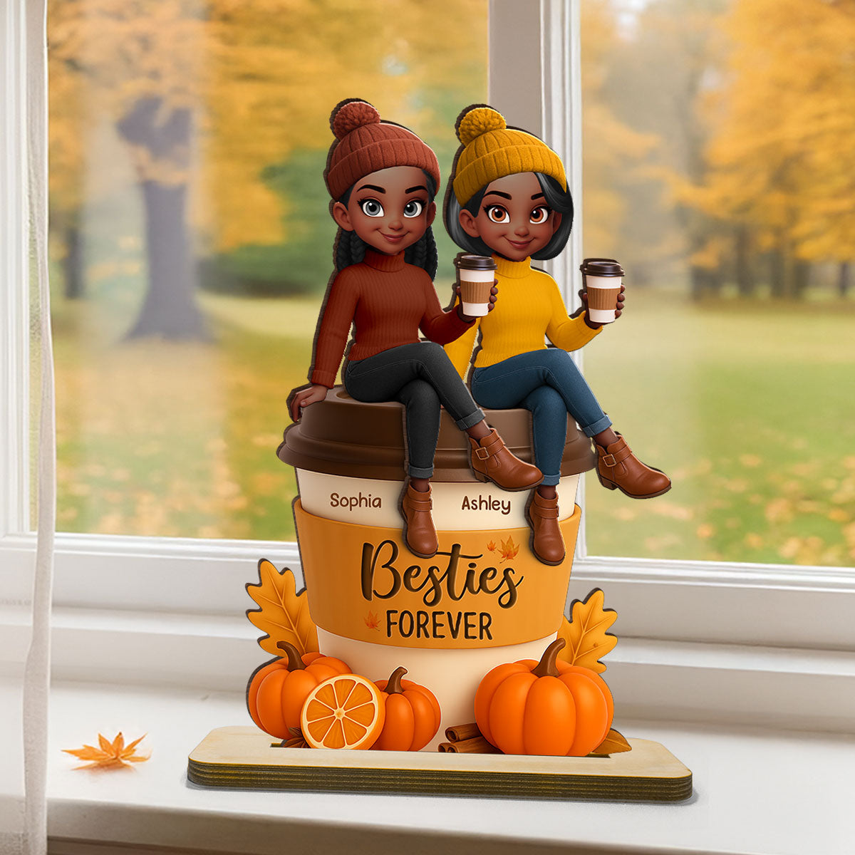 Fall Season Besties Sitting On Pumpkin Spice Latte Personalized Standing Wooden Plaque