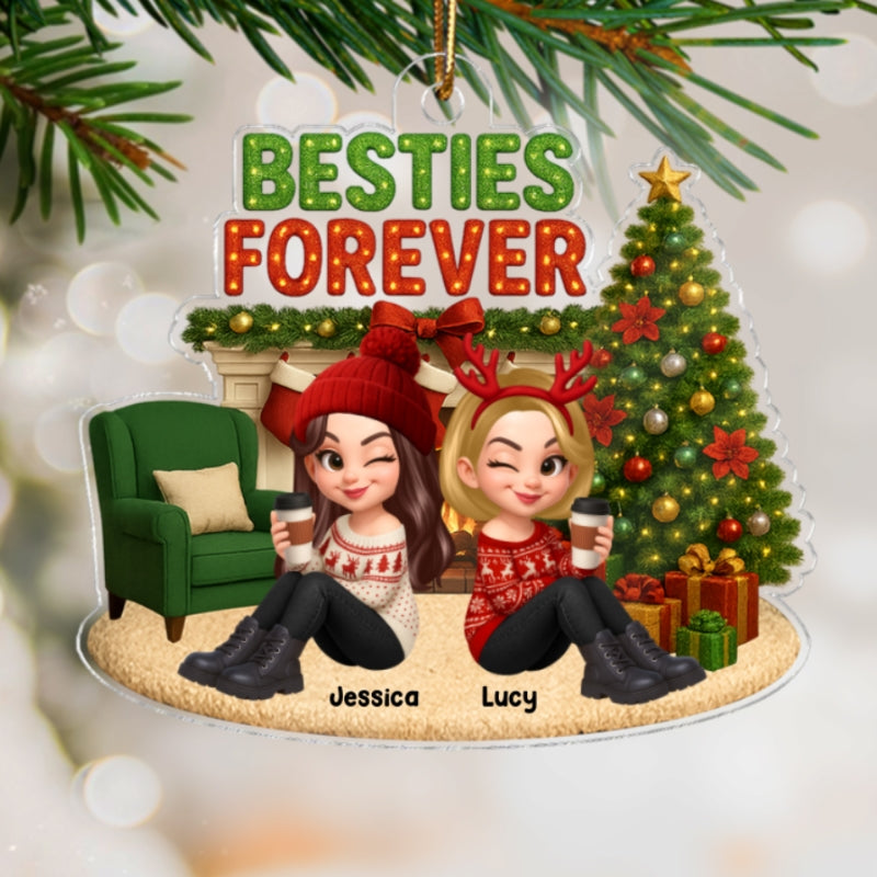 Christmas Besties Forever Cozy Fireplace - Personalized Acrylic Ornament - Gift For Best Friends
