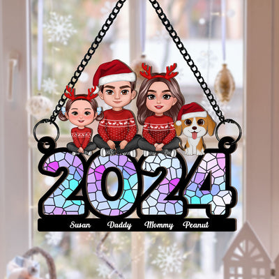 Family Sitting 2024 Personalized Window Hanging Suncatcher Ornament, Christmas Decor