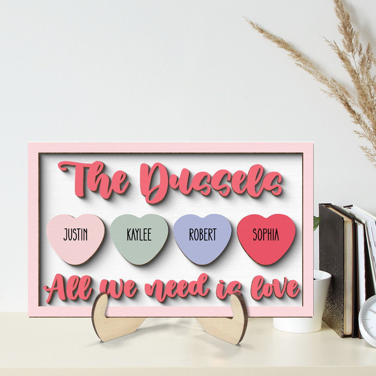 Family Name Sign All We Need Is Love Personalized 2-Layer Wooden Plaque