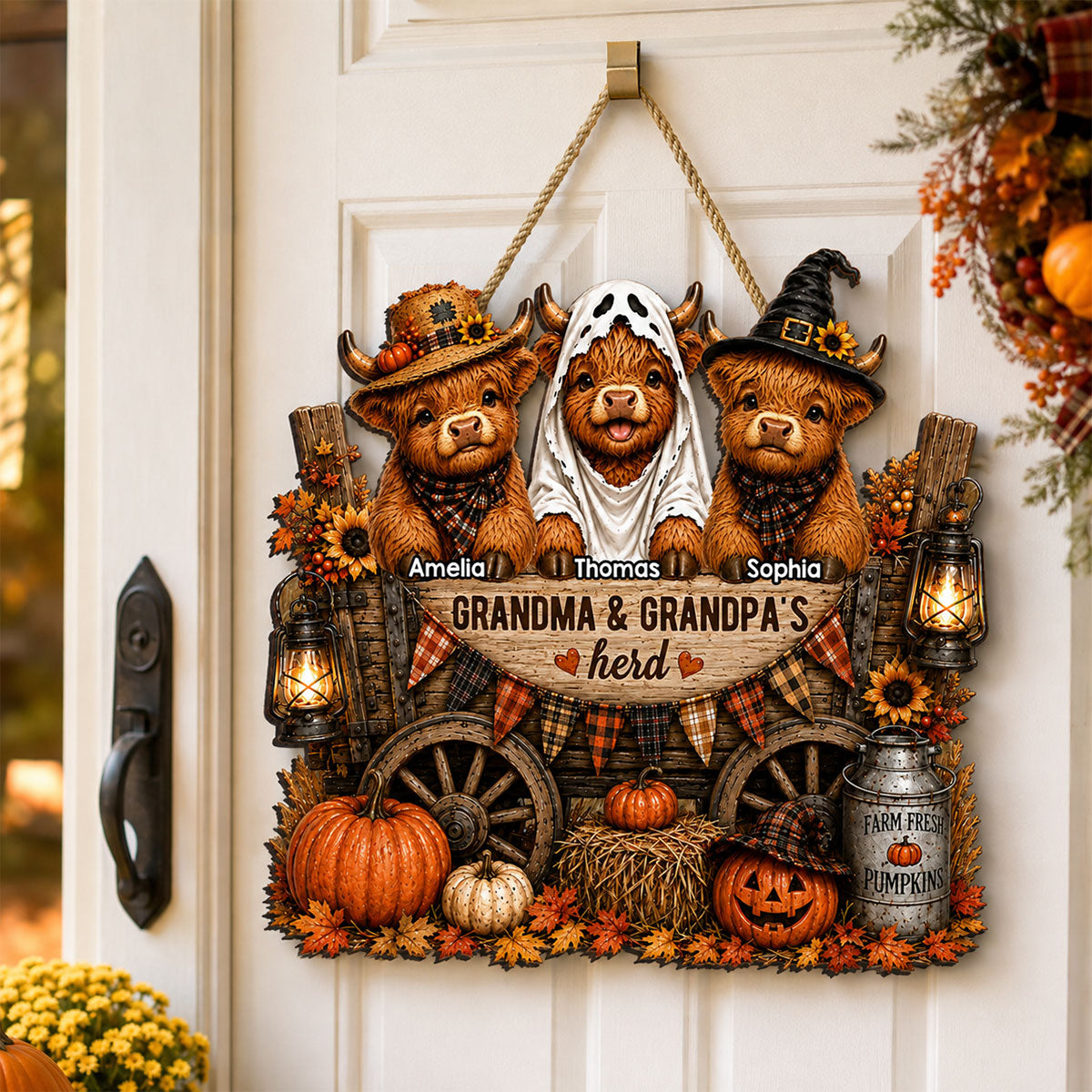 Grandma & Grandpa's Herd - Personalized Wooden Door Sign - Fall Decor for Grandparents, Grandparent's Day Gift