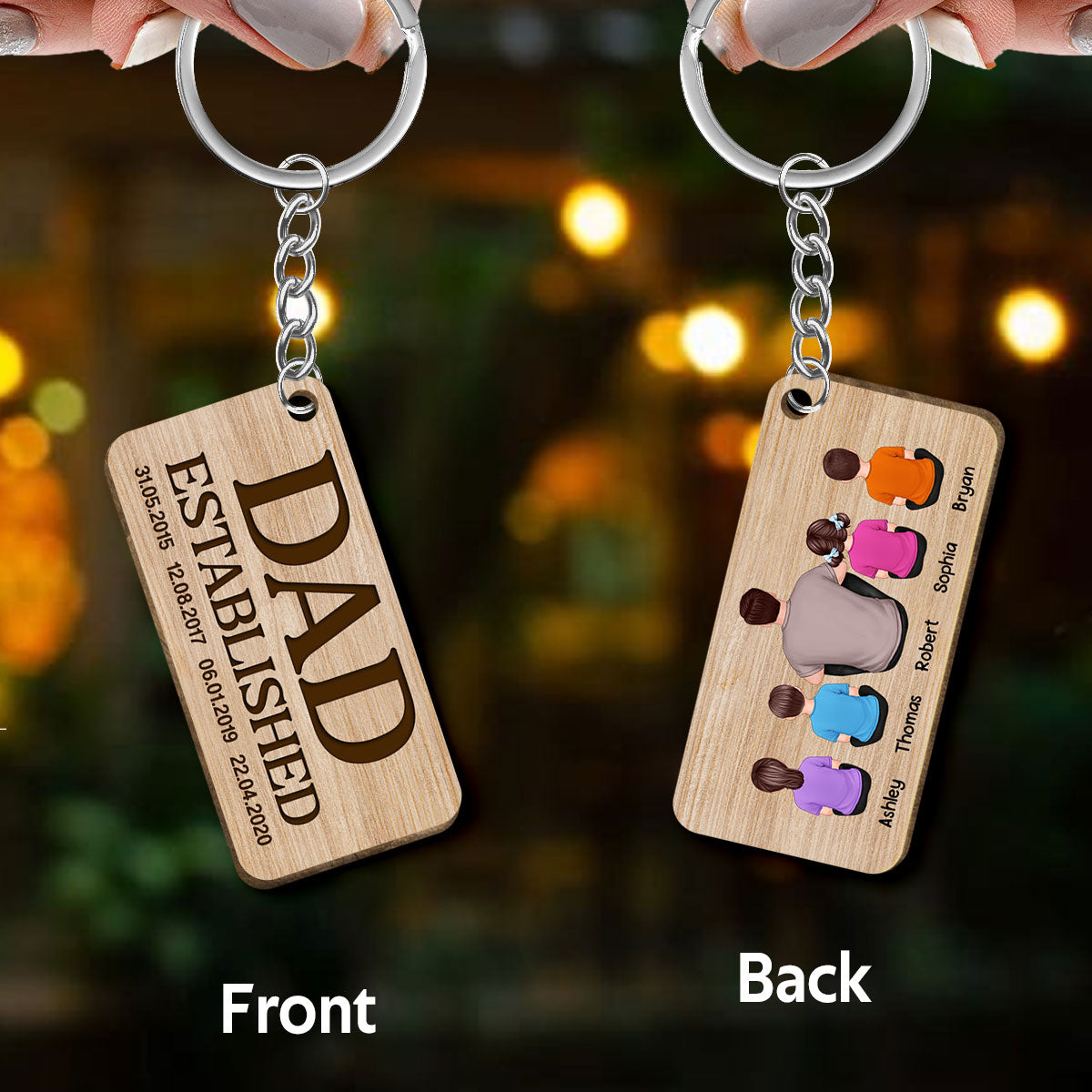 Dad Established Back View Man And Kids Father‘s Day Gift Personalized Wooden Keychain