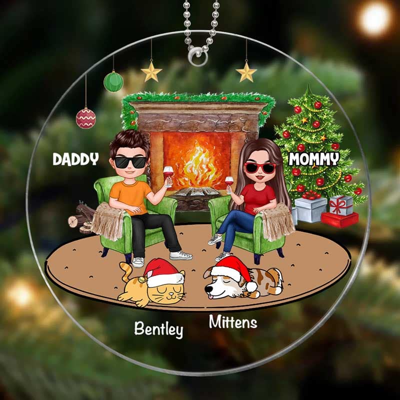 Doll Couple And Dogs Cats Personalized Christmas Acrylic Ornament