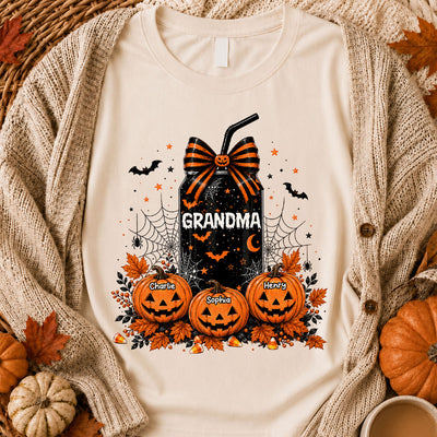 Trending Halloween Retro Soda Grandma Custom Kids Names - Personalized Shirt - Halloween Shirt For Grandma