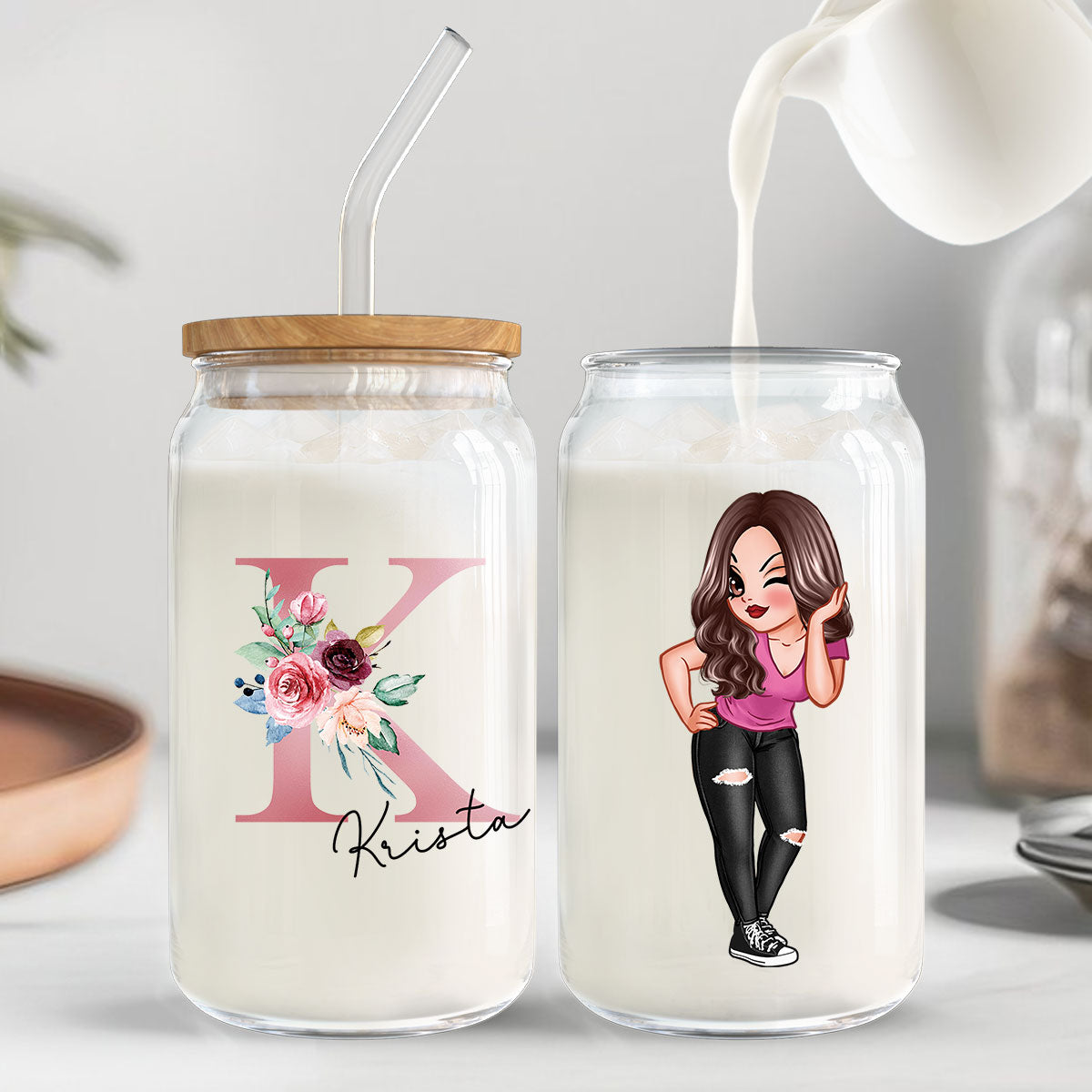 Beautiful Floral Initial Name Mother‘s Day Birthday Gift For Grandma Mom Women Personalized Clear Glass Can