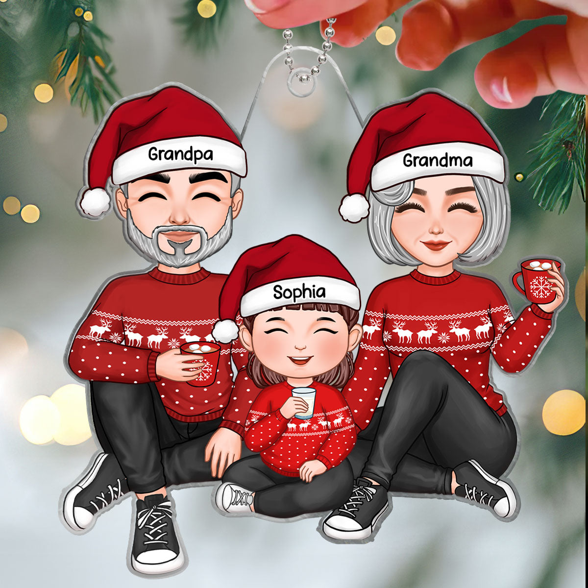 Christmas Cute Grandma Grandpa Sitting With Granddaughter Grandson Personalized Acrylic Ornament