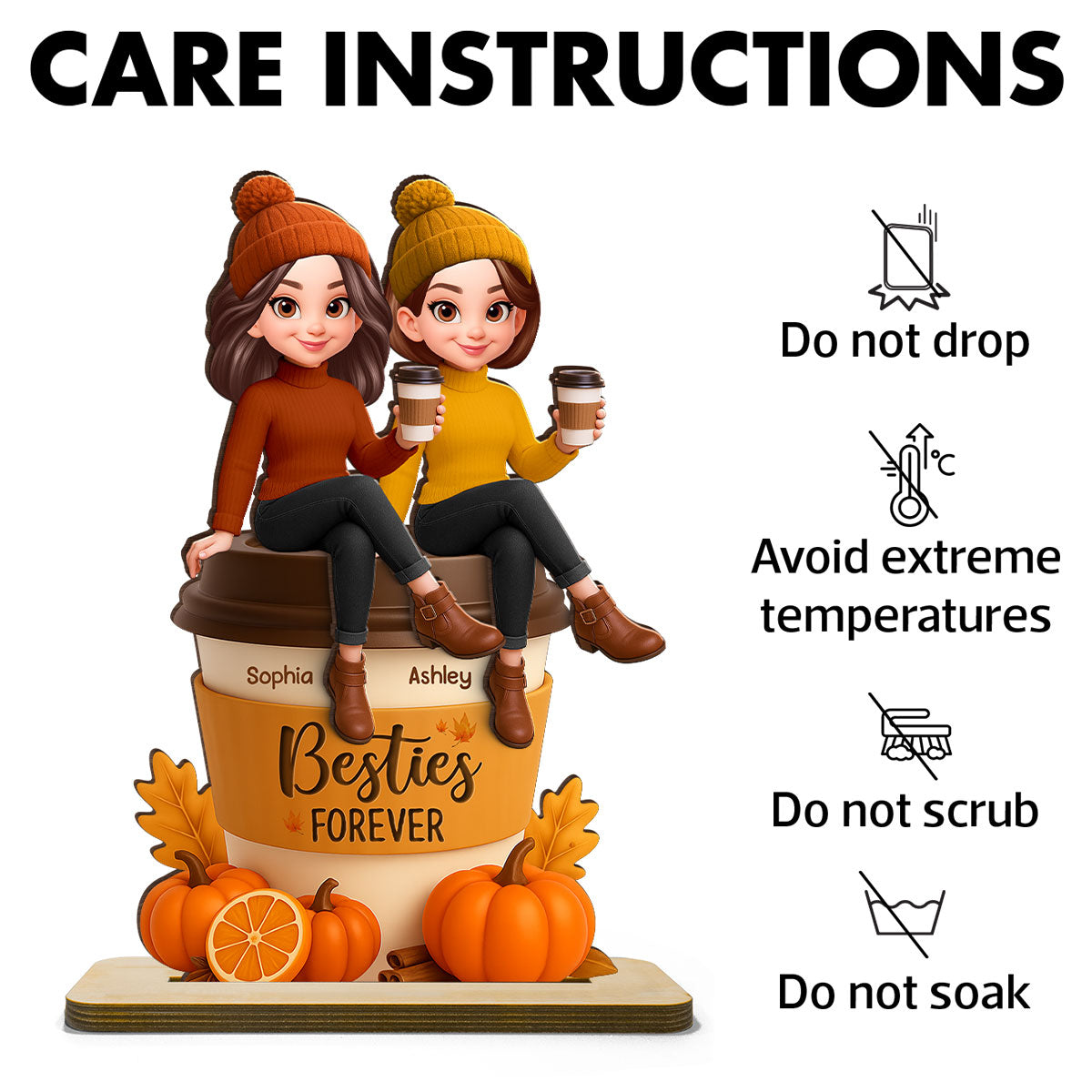 Fall Season Besties Sitting On Pumpkin Spice Latte Personalized Standing Wooden Plaque