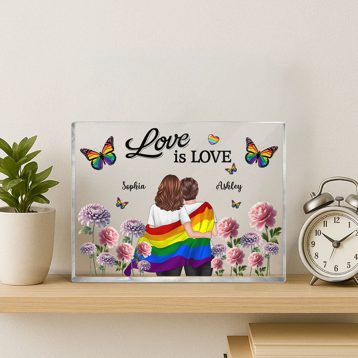 Pride Month LGBT Couple Birth Month Flowers Personalized Rectangle Acrylic Block Plaque, Gift For Couple