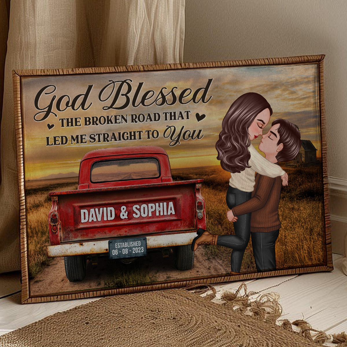 Rustic Nostalgia Red Truck Couple Hugging Kissing - Personalized Poster - Heartfelt Valentine, Anniversary Gift For Him, For Her, Farmhouse Decor