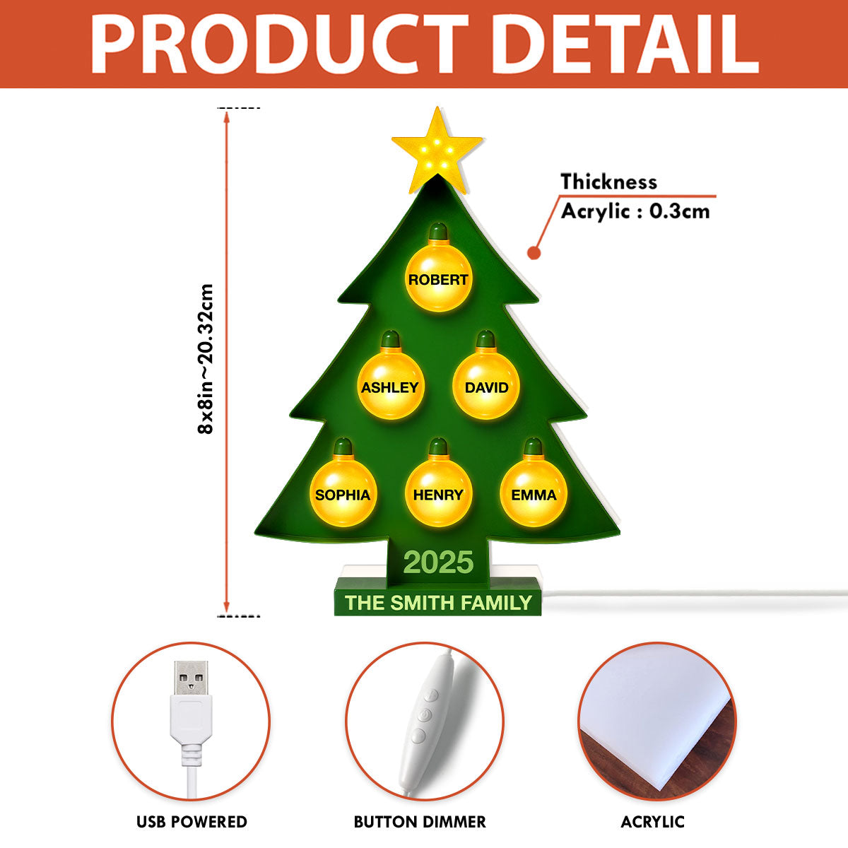 Family Christmas Tree Personalized Light Box, Christmas Decor Gift