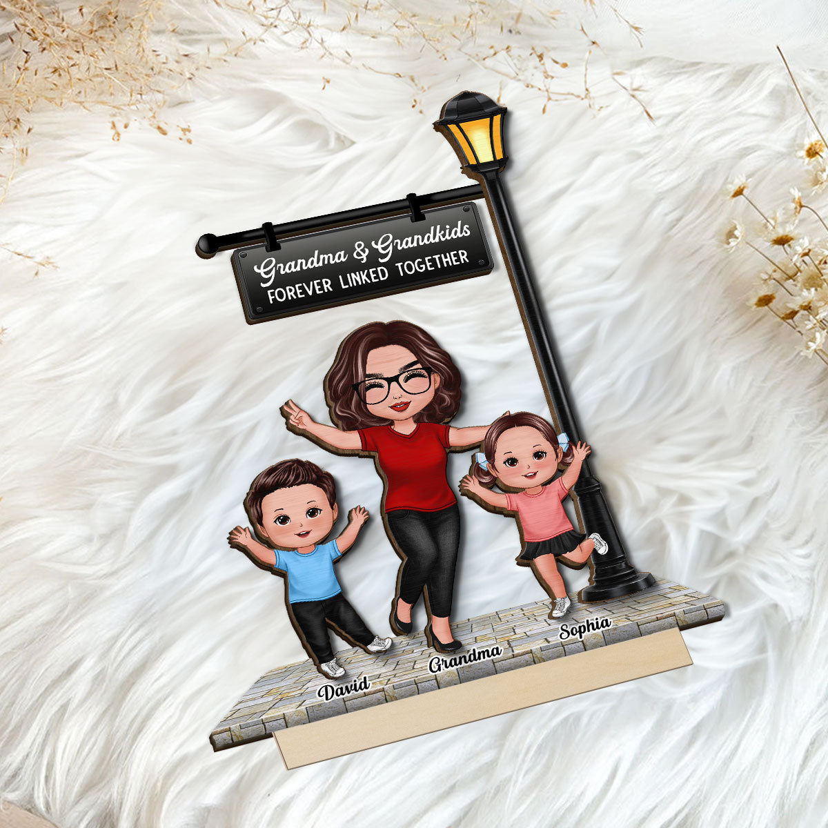 Grandma Grandkids Under Lamp Post Personalized 2-Layer Standing Wooden Plaque, Heartfelt Gift For Grandma, Grandkids